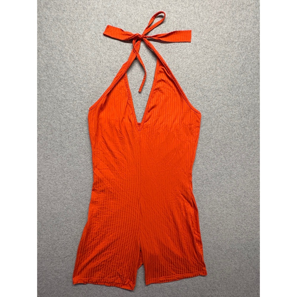 Orange Ribbed Halter Romper Sleeveless V-Neck Tie Back Summer Bodysuit Shortie